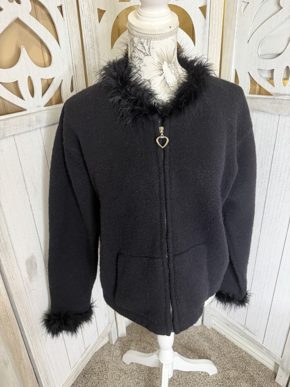 Vintage 90s Y2K Black Sweater Furry Fuzzy Collar Sleeves Cardigan Large XL